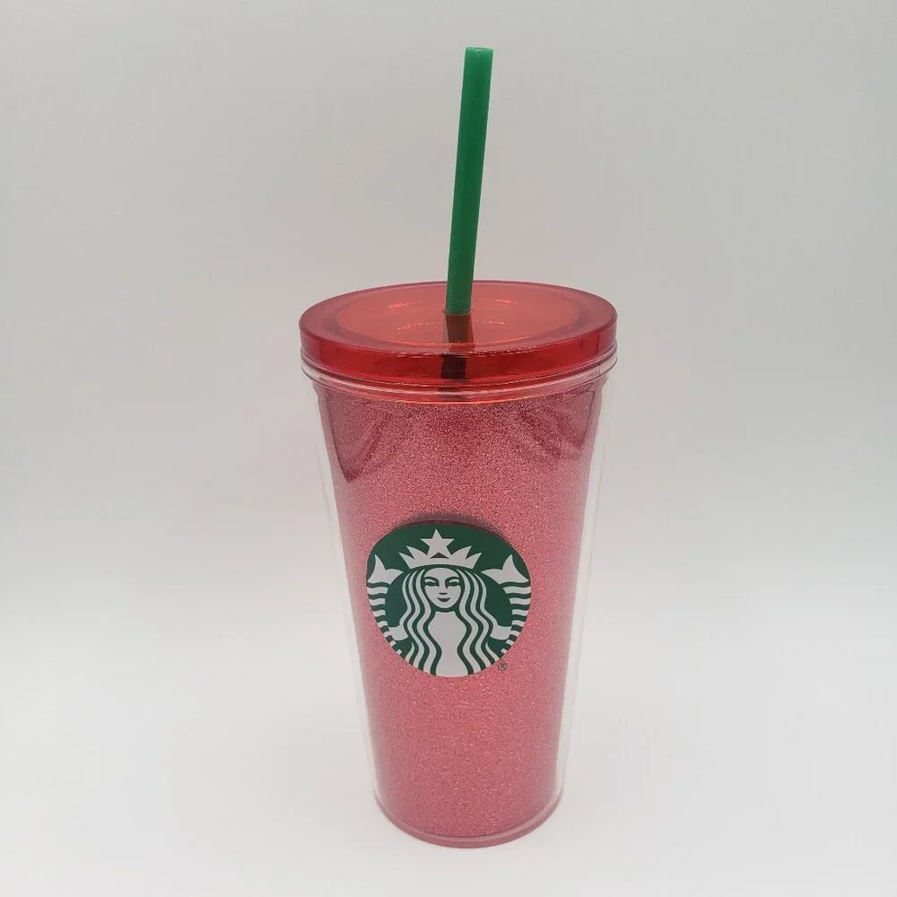 Starbucks Holiday Red Glitter 16 oz. Cold Cup Travel Tumbler With Straw EUC